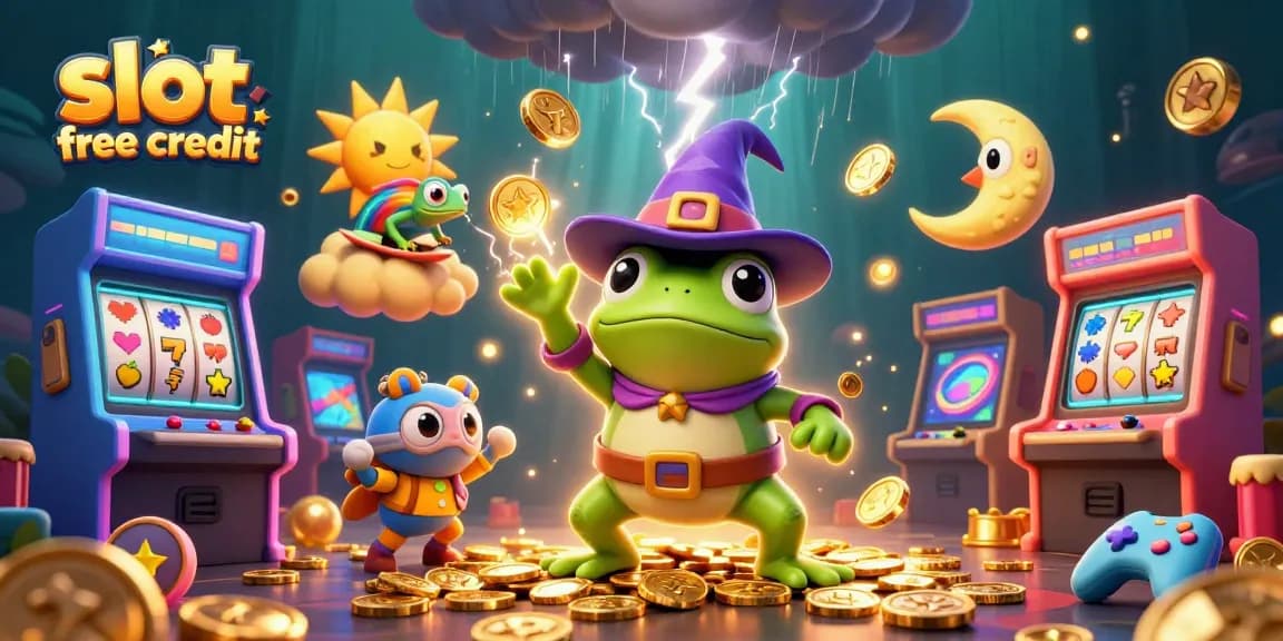 Win with slot free credit in a vibrant 3D casino scene showcasing gold coins and exciting game elements.