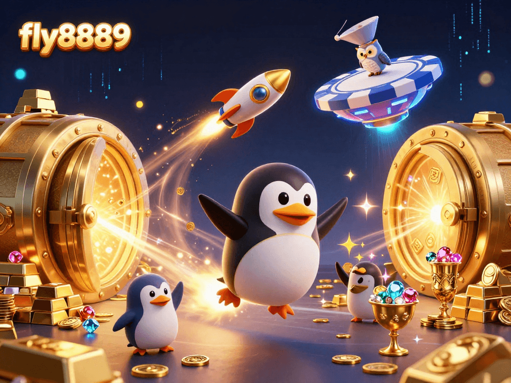Experience excitement at fly8889 with a golden penguin racing toward a casino space station!