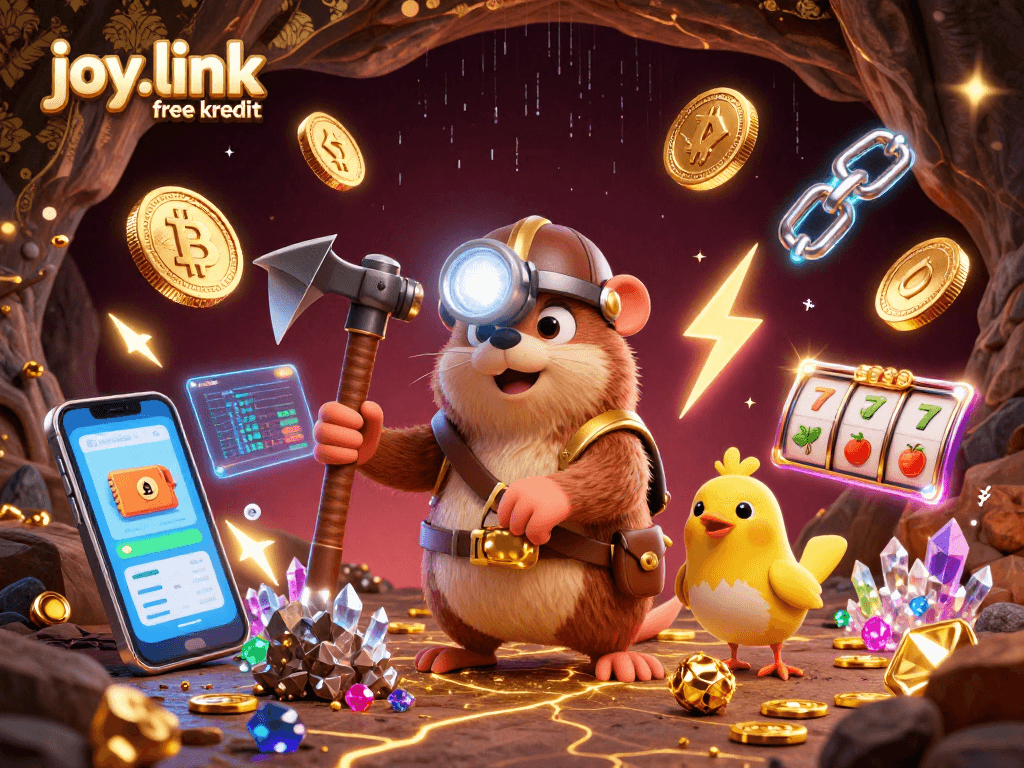 Mining gems and coins with joy.link free kredit amidst a vibrant casino scene, packed with slot elements.