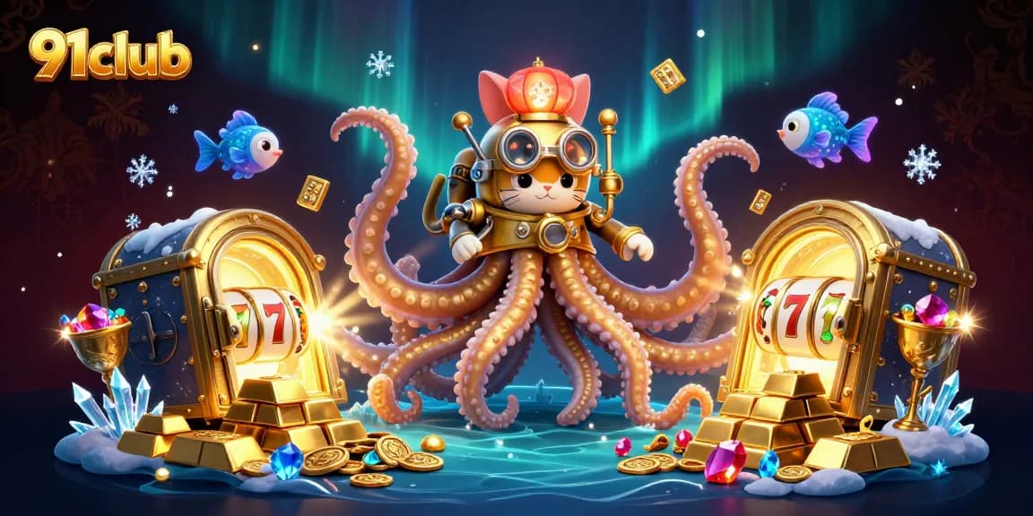 Engage with 91club's thrilling gaming adventure, featuring a kraken and diving cat in a treasure-filled scene.