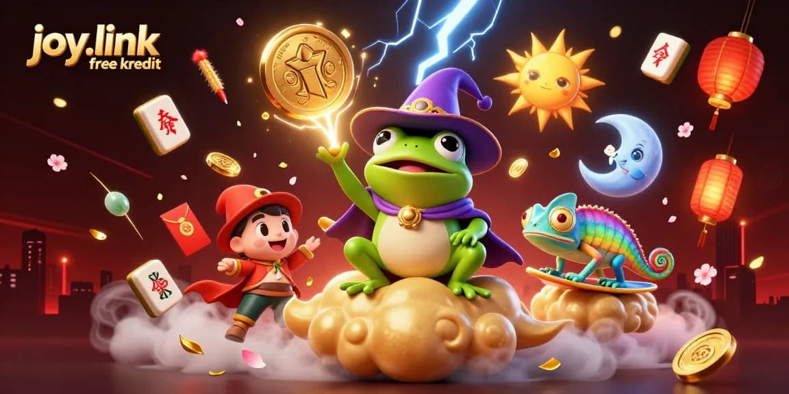 Experience joy.link free kredit with golden coins and vibrant casino-themed elements in a dynamic illustration.