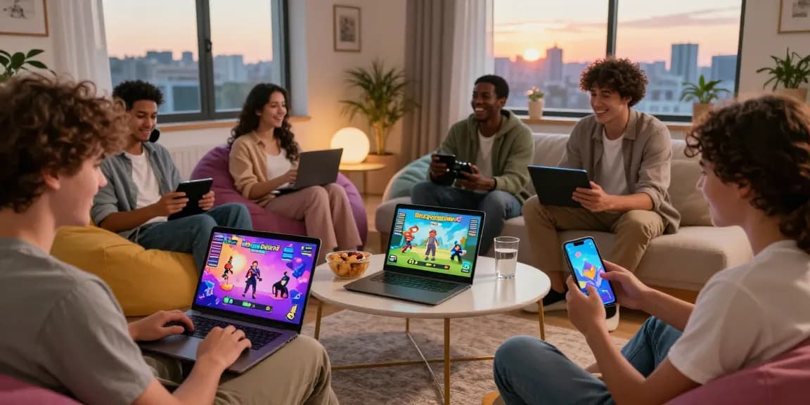 Engaging players exploring gay porn games on multiple devices in a cozy gaming setting.