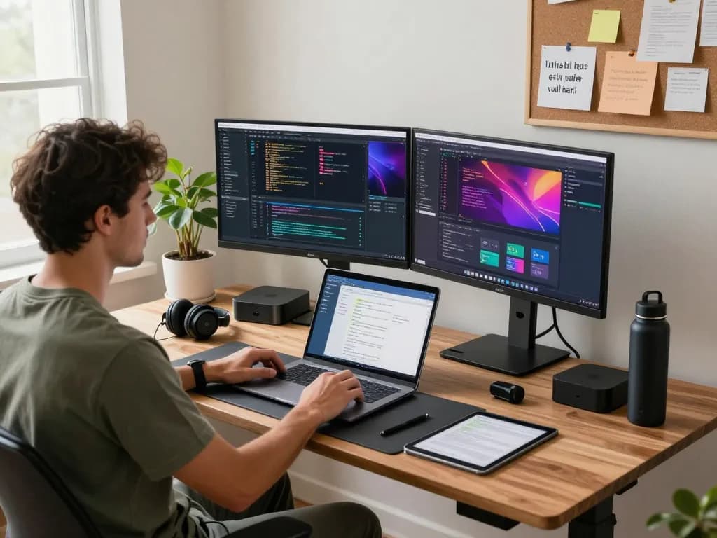 Developer using a Mac mini in a modern home office, showcasing innovative workspace.