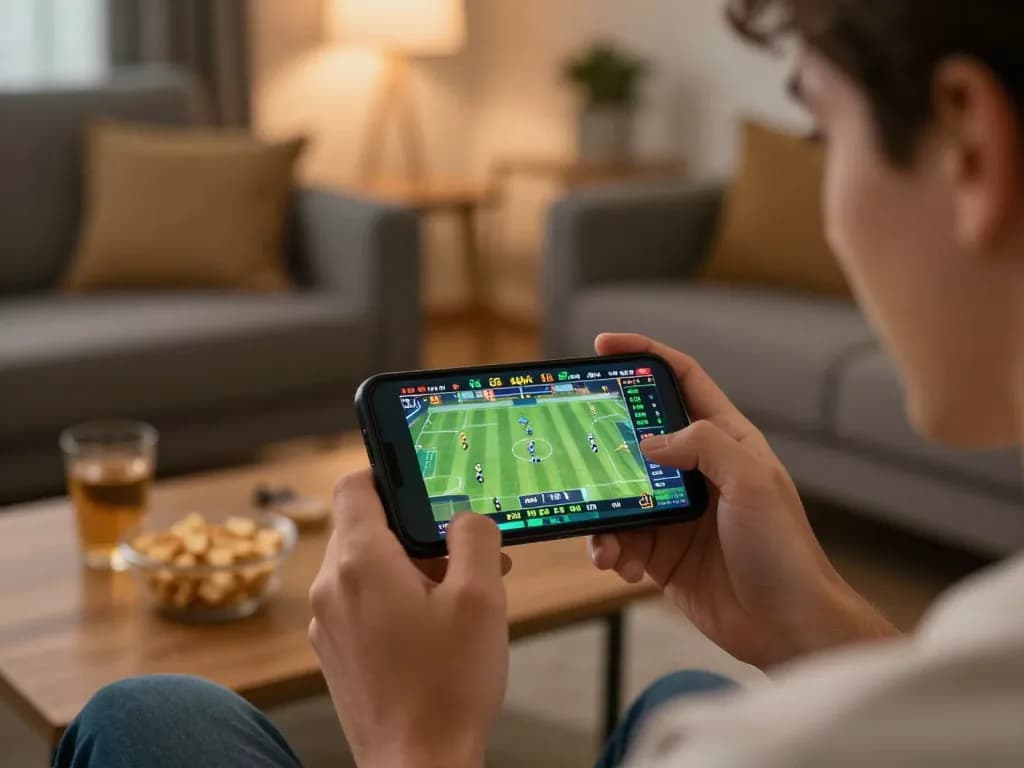 Player engaging in live betting on a smartphone with f8betlv app in cozy home setting