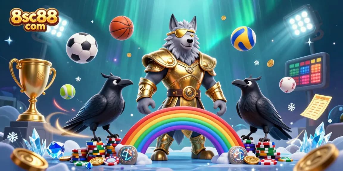 Experience the thrilling casino world at 8sc88 com with Odin and ravens amidst dynamic sports elements.