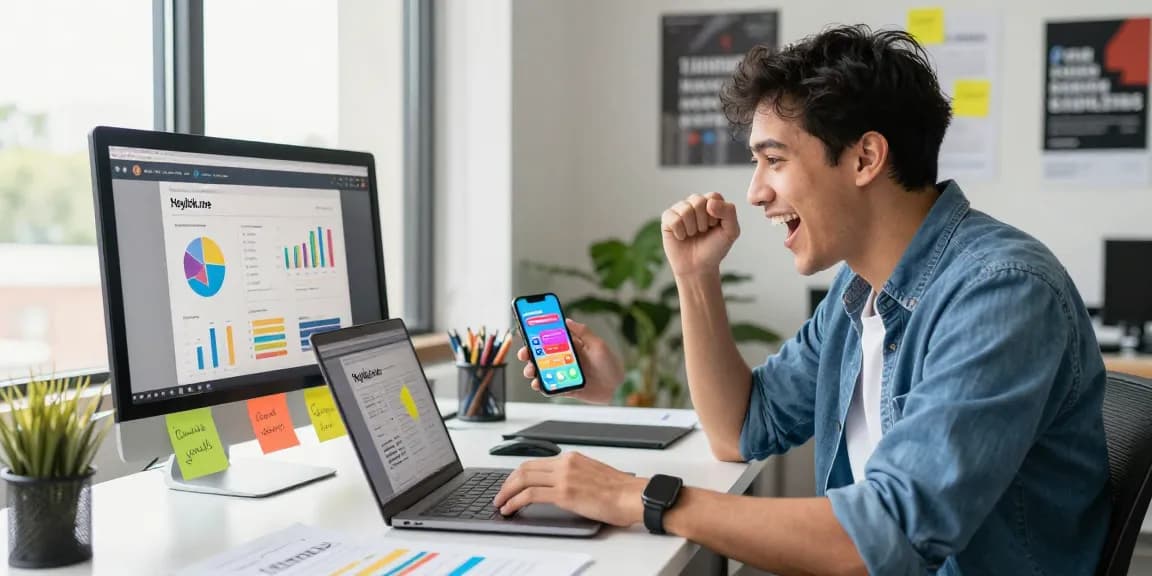 Pengusaha muda menciptakan GEGESLOT di Heylink.me dengan semangat di ruang kerja modern