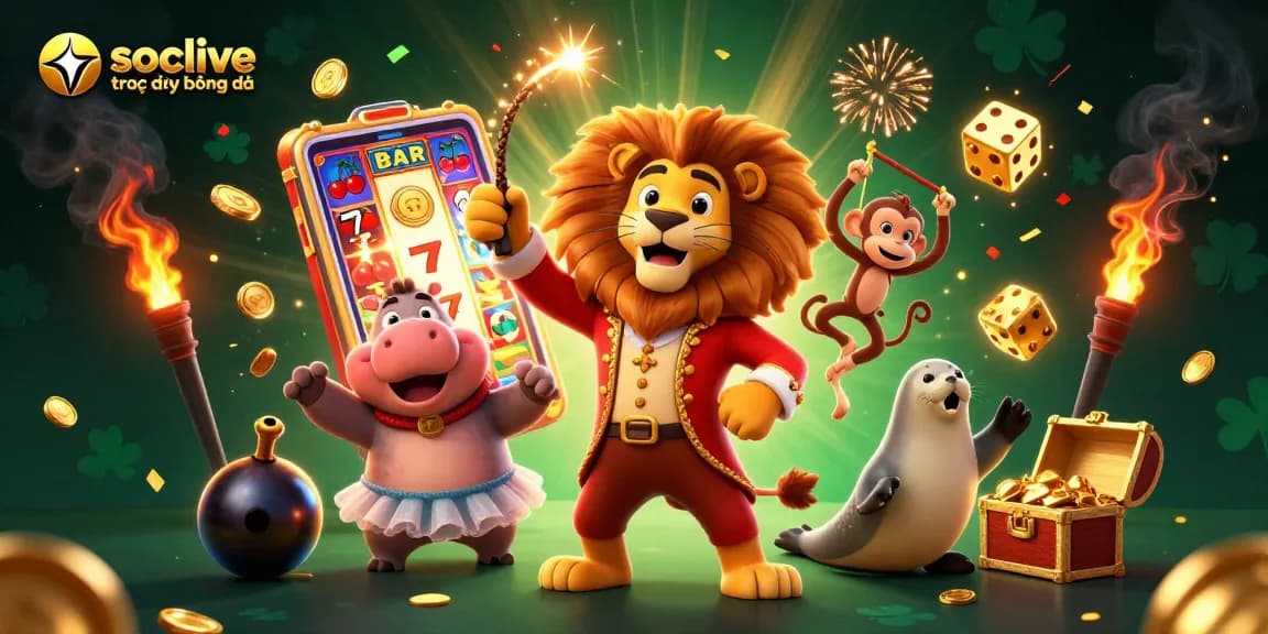 Socolive trực tiếp bóng đá showcases vibrant 3D cartoon characters amidst dynamic slot machine action.