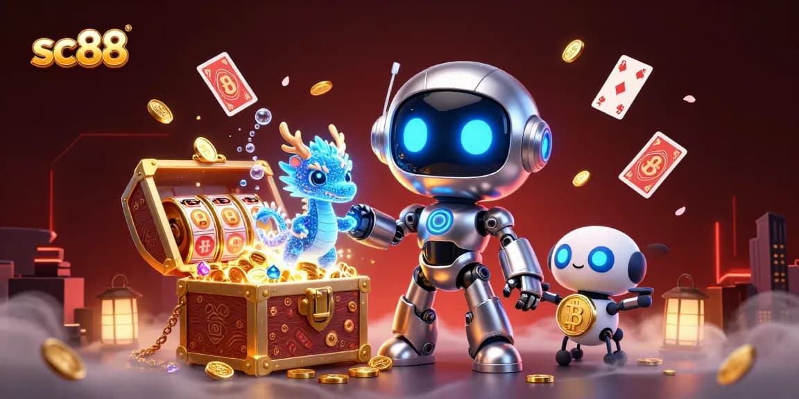 Experience the thrilling world of sc88 with a vibrant 3D casino illustration filled with jackpot elements and digital companions.