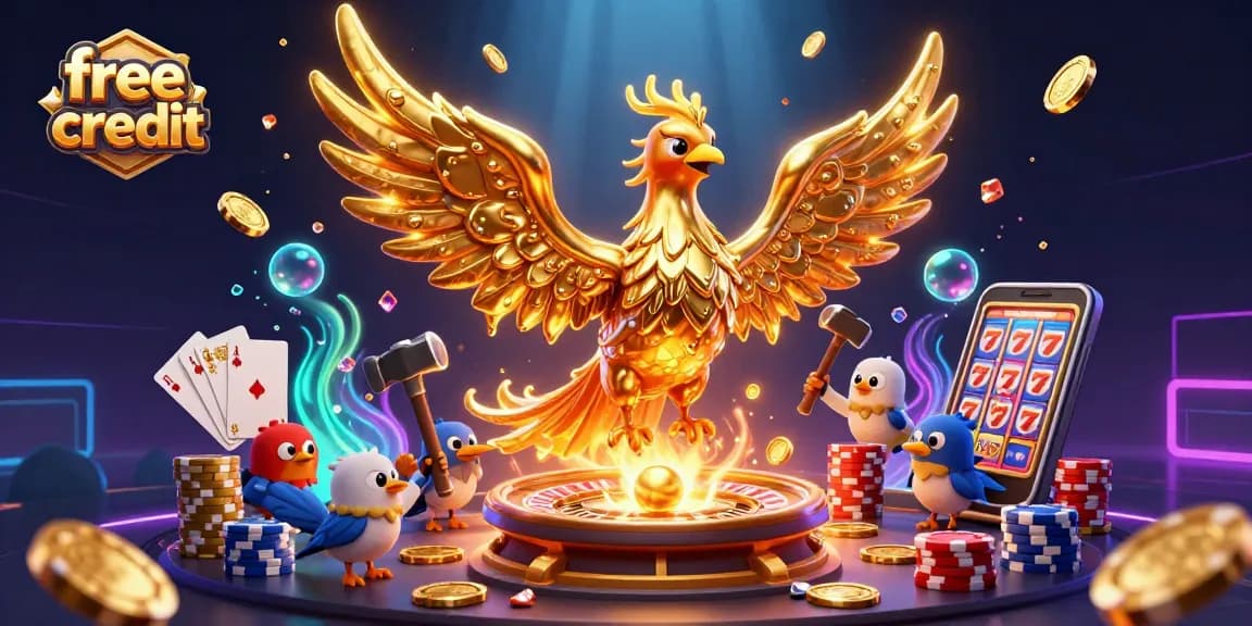 Experience thrilling play with free credit offers from online casinos using golden phoenix and animated gaming elements.