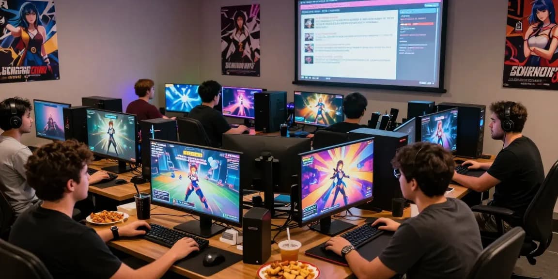 Group of gamers enjoying ecchi simulator games in a vibrant community hub.