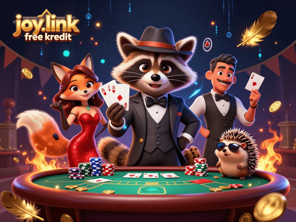 Experience the excitement of joy.link free kredit with a poker scene featuring charming characters in a dynamic casino atmosphere.
