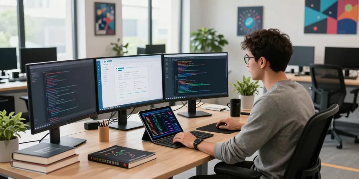 Bungee Exchange user interface displayed in a tech workspace with a developer coding and analyzing blockchain data, highlighting focus on innovation.