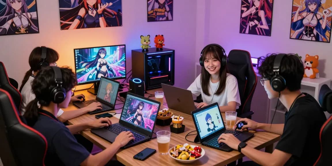 Gamers enjoying ecchi games on various devices in a lively gaming room