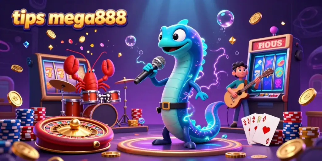 Engaging tips mega888 scene featuring an electric eel DJ surrounded by casino elements, vibrant underwater setting.