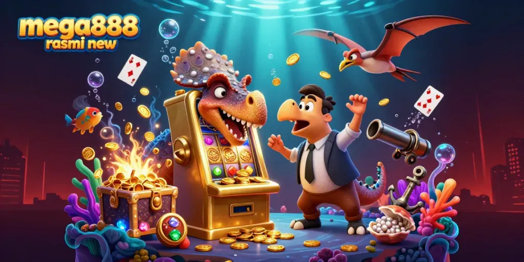Experience the excitement of mega888 rasmi new with a dynamic casino-themed 3D scene featuring whimsical characters.