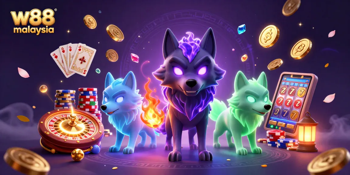 Engage with the thrilling world of w88 Malaysia featuring mystical wolves, golden coins, and vibrant casino elements.