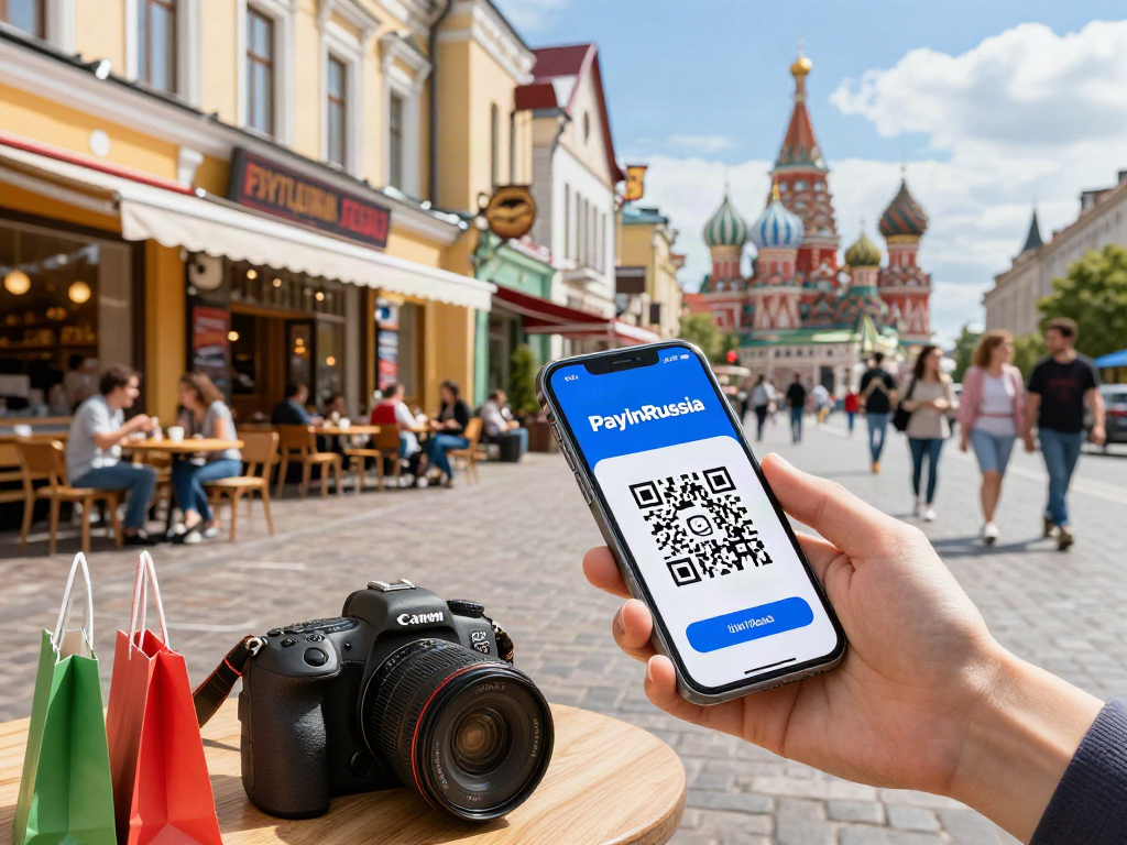 Pengembara menggunakan aplikasi PayInRussia untuk pembayaran QR dengan latar belakang pemandangan bandar Rusia yang meriah.