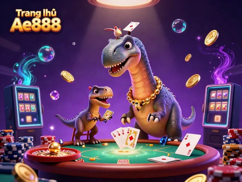 Players enjoying a vibrant gaming atmosphere at Trang chủ Ae888 with a cartoon dinosaur and raptor dealer.
