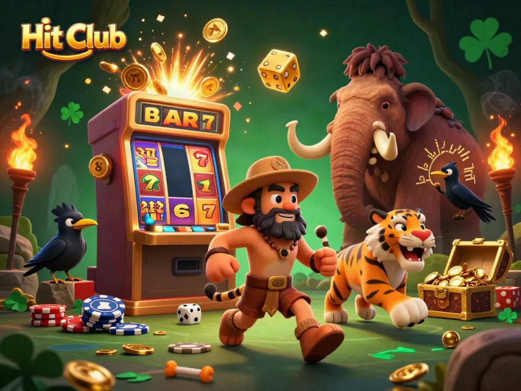 Experience excitement at Hit Club with a vibrant 3D casino scene featuring stone poker chips, dice, and a dynamic slot machine.