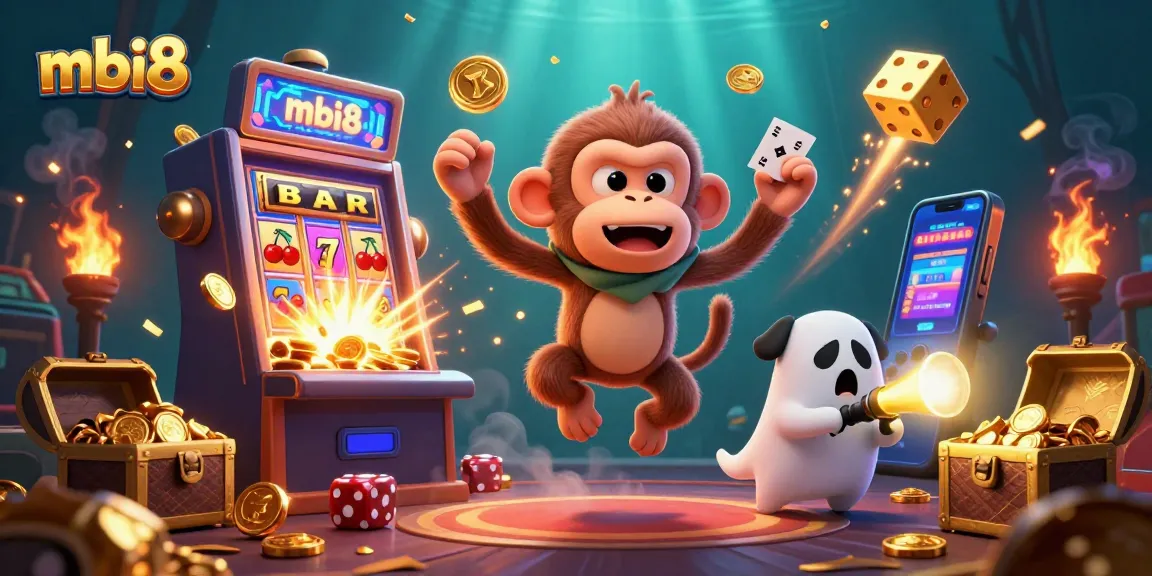 Juggle wins at mbi8 with a ghostly monkey and ghost-hunter puppy in a magical casino setting.