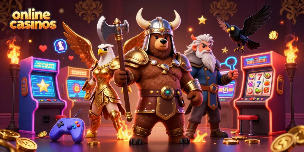 Experience thrilling online casinos with a Viking berserker and Valkyrie eagle amidst vibrant gaming elements.