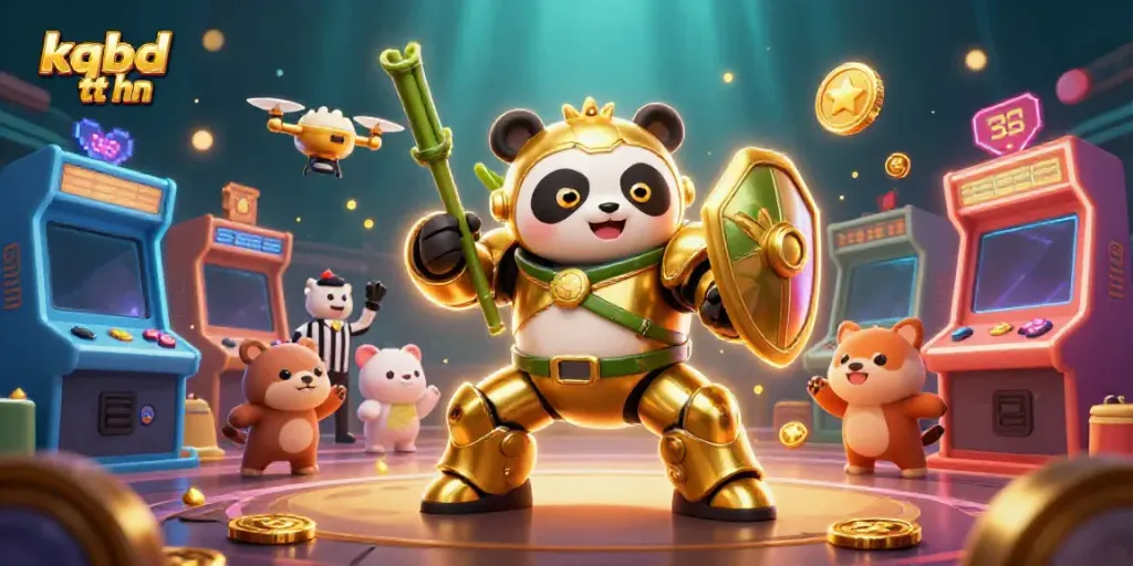 Witness the energetic kqbd tt hn arena scene as a golden panda battles in a bamboo fighting robot