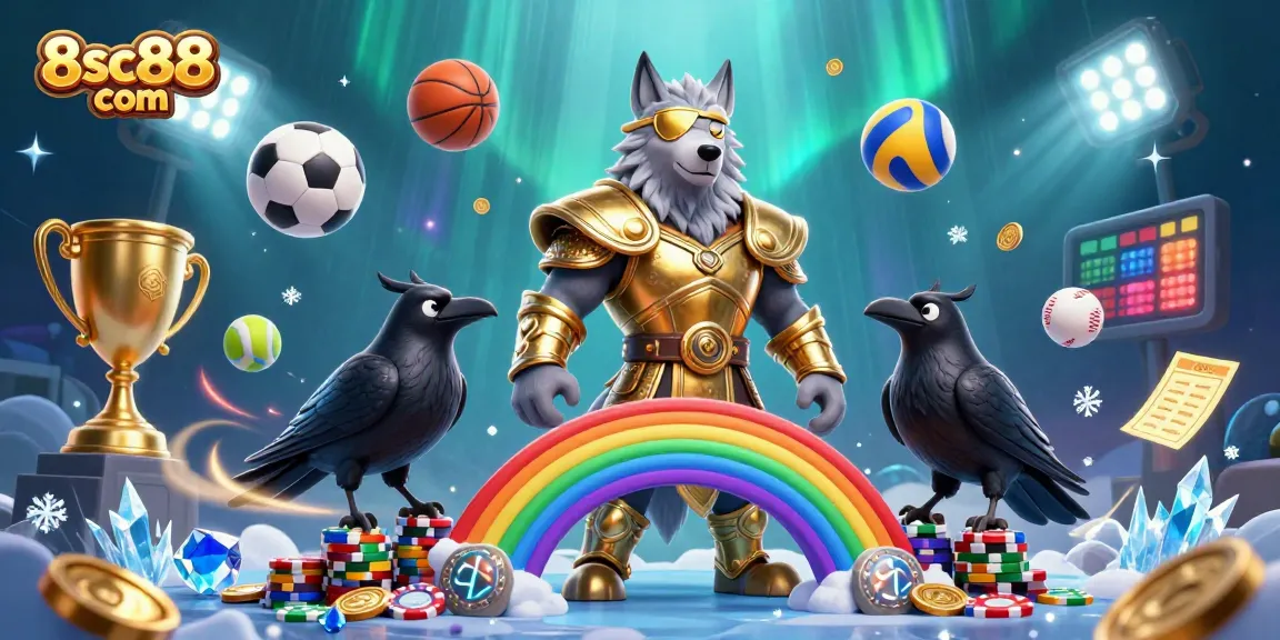 Experience the thrilling casino world at 8sc88 com with Odin and ravens amidst dynamic sports elements.