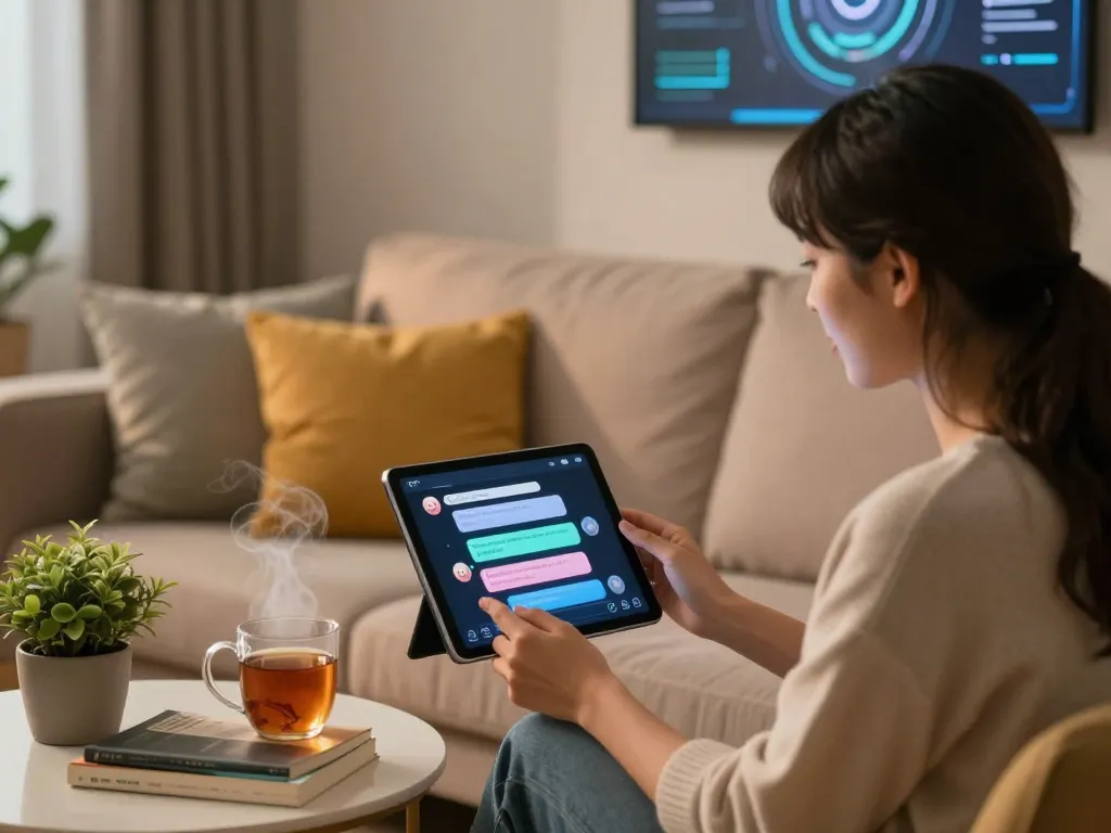 Engaging in ai sex chat with a virtual companion in a cozy living room setting.