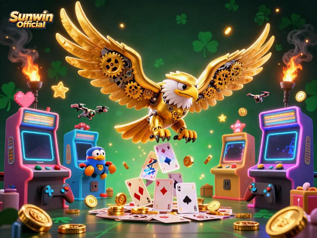 Experience the dynamic world of gaming with Sunwin Official, highlighted by a cybernetic eagle soaring amidst vibrant casino elements.