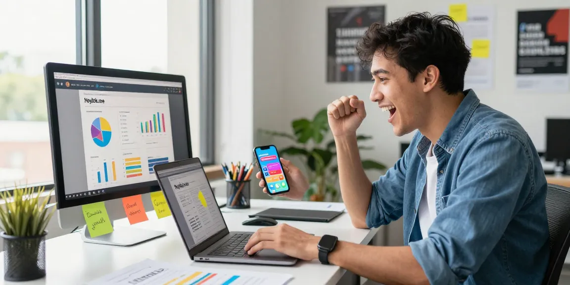 Pengusaha muda menciptakan GEGESLOT di Heylink.me dengan semangat di ruang kerja modern