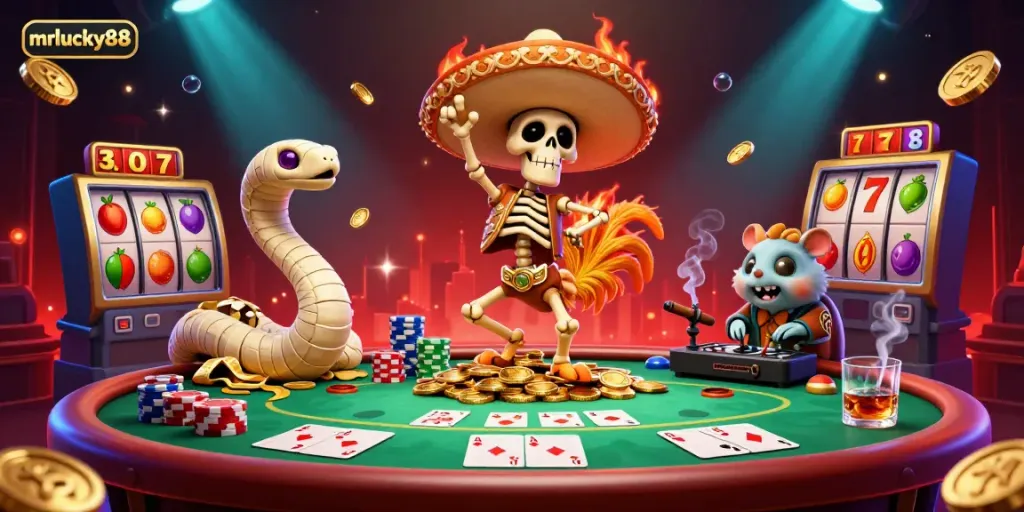Experience the excitement at mrlucky88 with a lively 3D illustration of a mariachi rooster celebrating on a bed of coins, surrounded by poker elements.