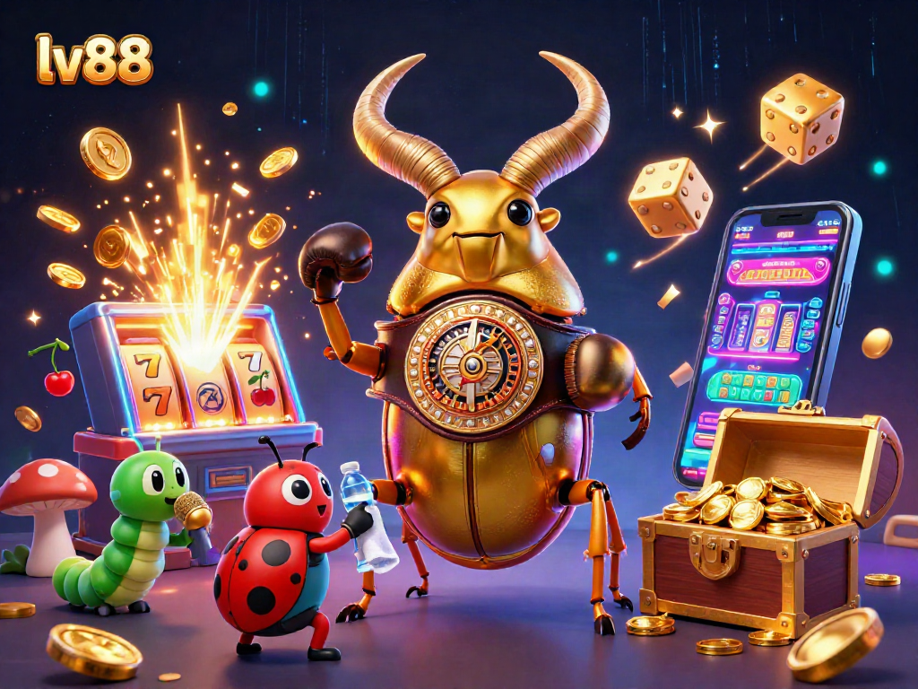 lv88 ignites excitement in a casino scene with a golden beetle, showcasing thrilling games and jackpots.