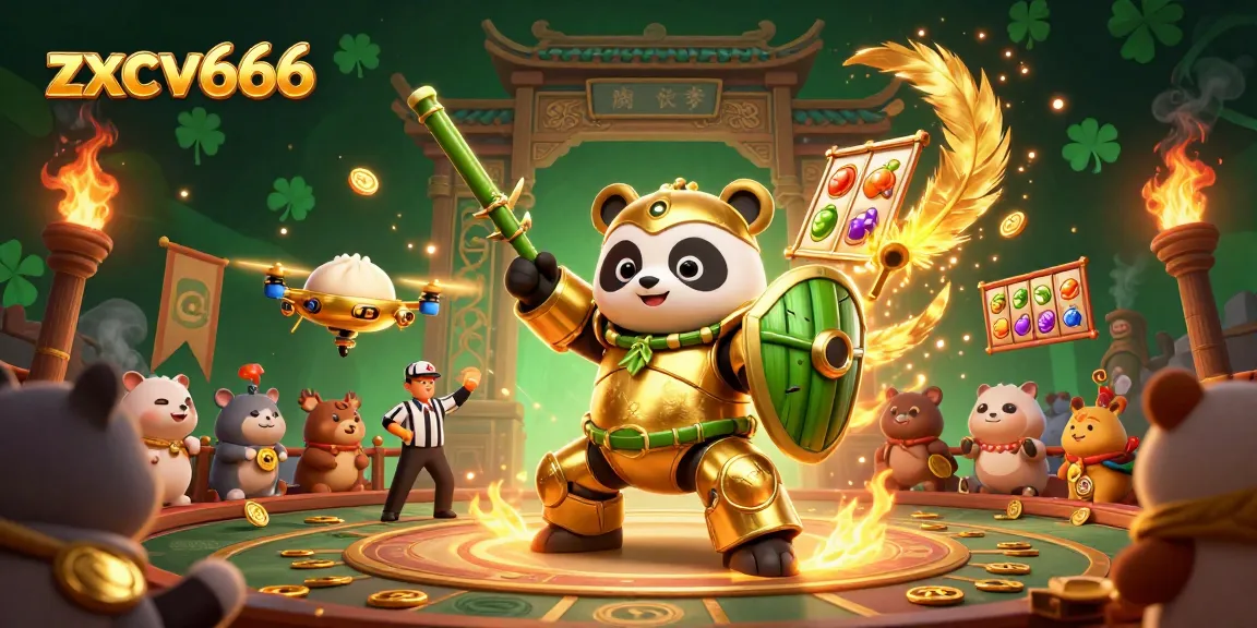 Experience excitement at zxcv666 where a golden panda battles in a vibrant betting arena.