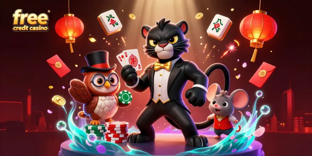 Experience the excitement of free credit casino with a stylish panther dealing cards alongside a fun owl and lucky mouse.