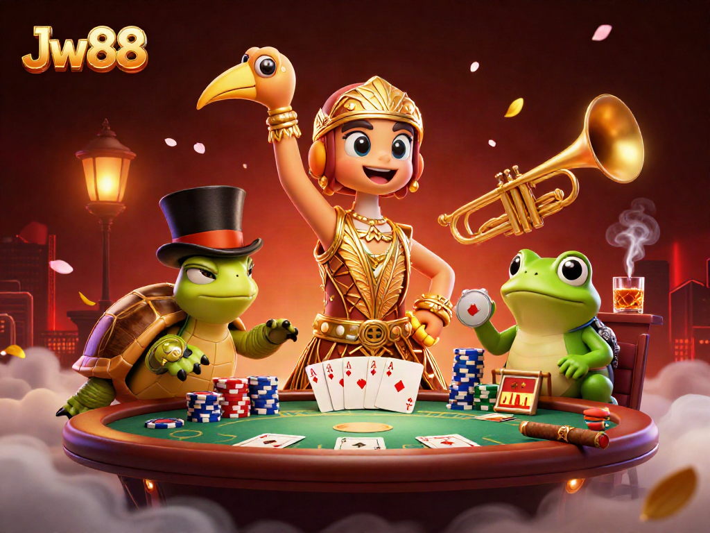 Join the excitement at Jw88 with vibrant casino gameplay, poker action, and colorful characters.