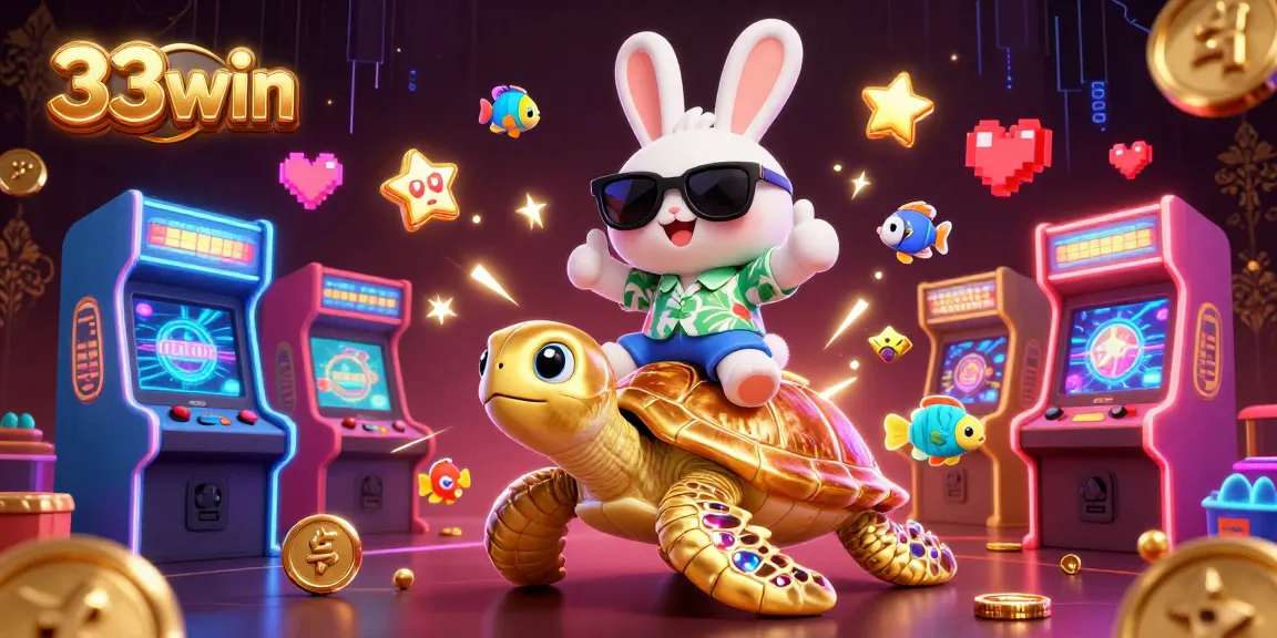 Join the fun at 33win with a lucky rabbit and golden turtle amidst vibrant casino elements.