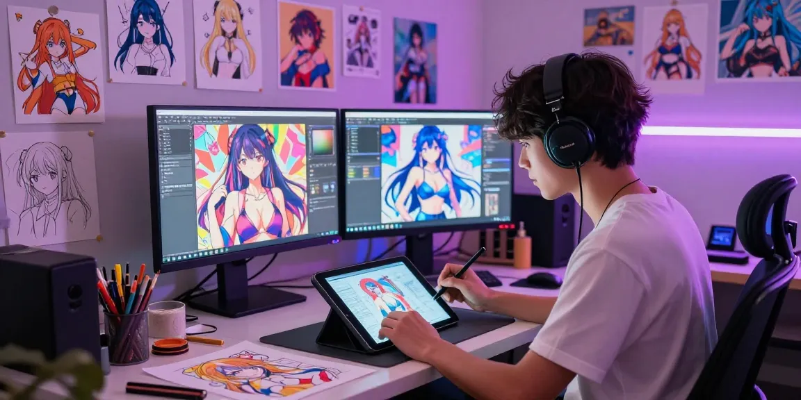 Creating AI ecchi art in a vibrant studio, demonstrating innovative digital artistry.