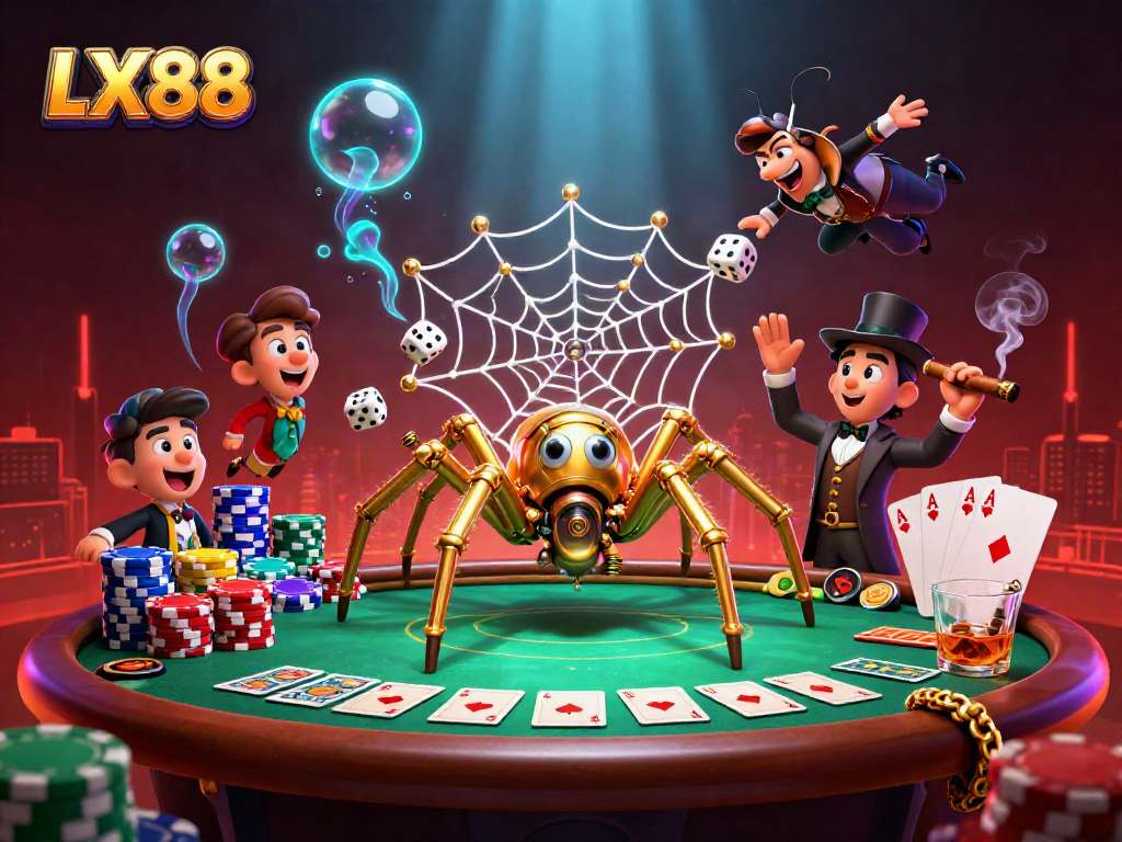 Catch the excitement of LX88 with a steampunk spider weaving a vibrant web of poker chips and dice.