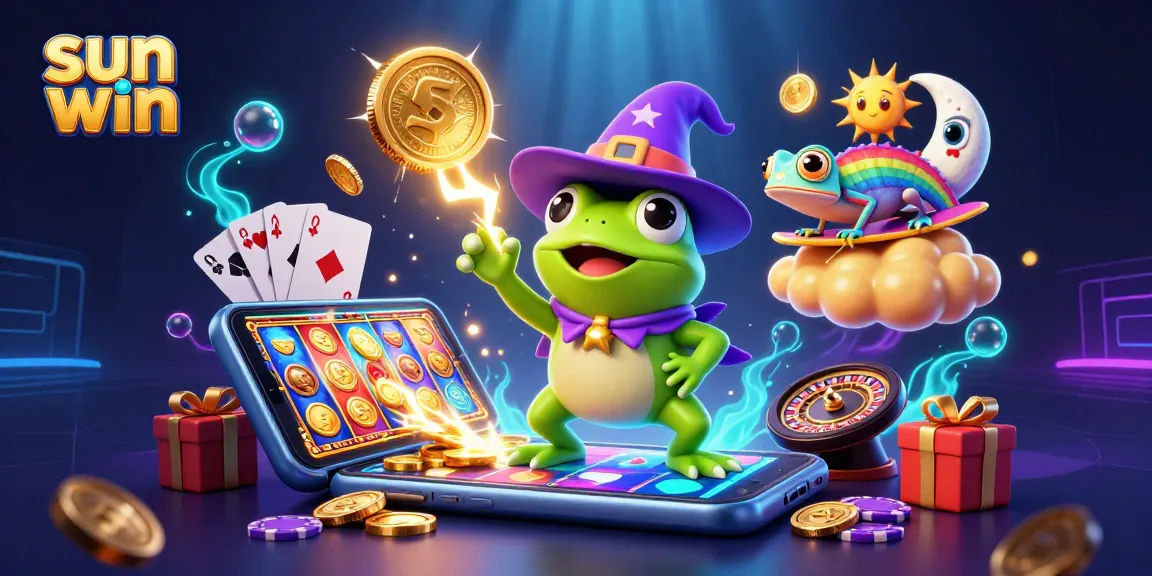 Win big with sun win! A vibrant 3D illustration featuring festive casino elements like slots and cards.