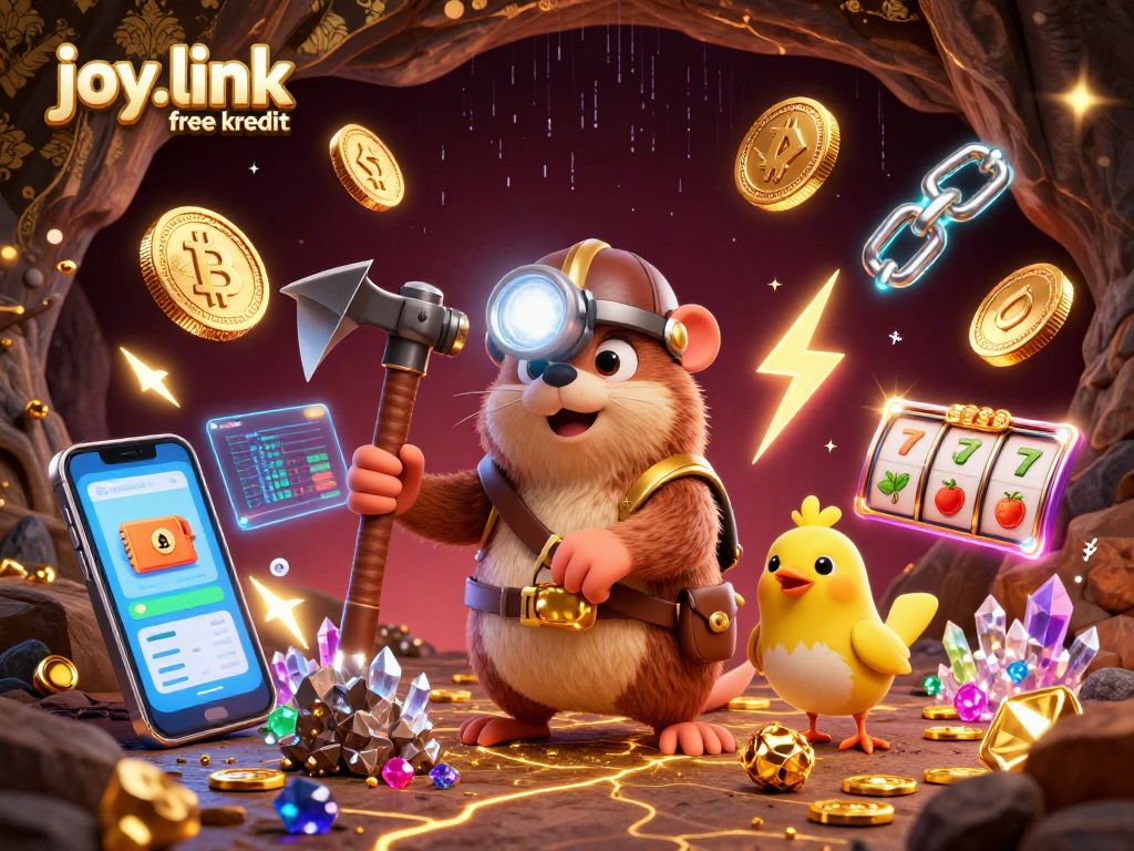 Mining gems and coins with joy.link free kredit amidst a vibrant casino scene, packed with slot elements.