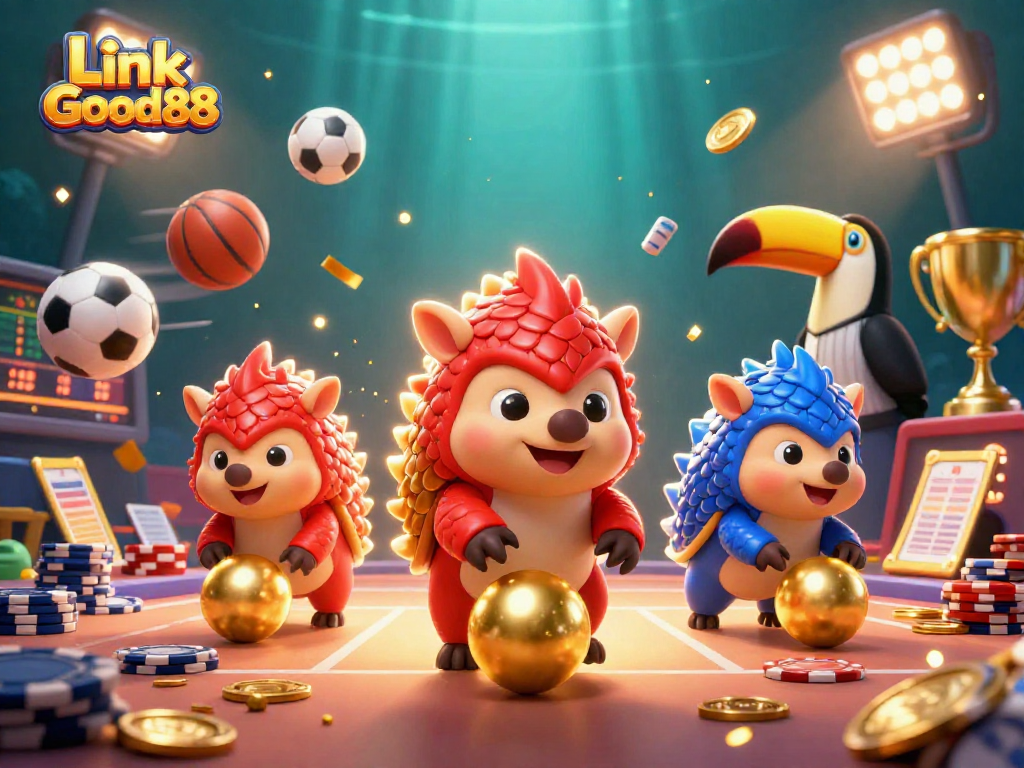 Engage with Link Good88 as rival pangolins compete in a vibrant casino scene filled with dynamic sports elements.