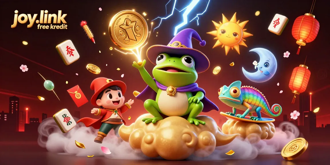 Experience joy.link free kredit with golden coins and vibrant casino-themed elements in a dynamic illustration.