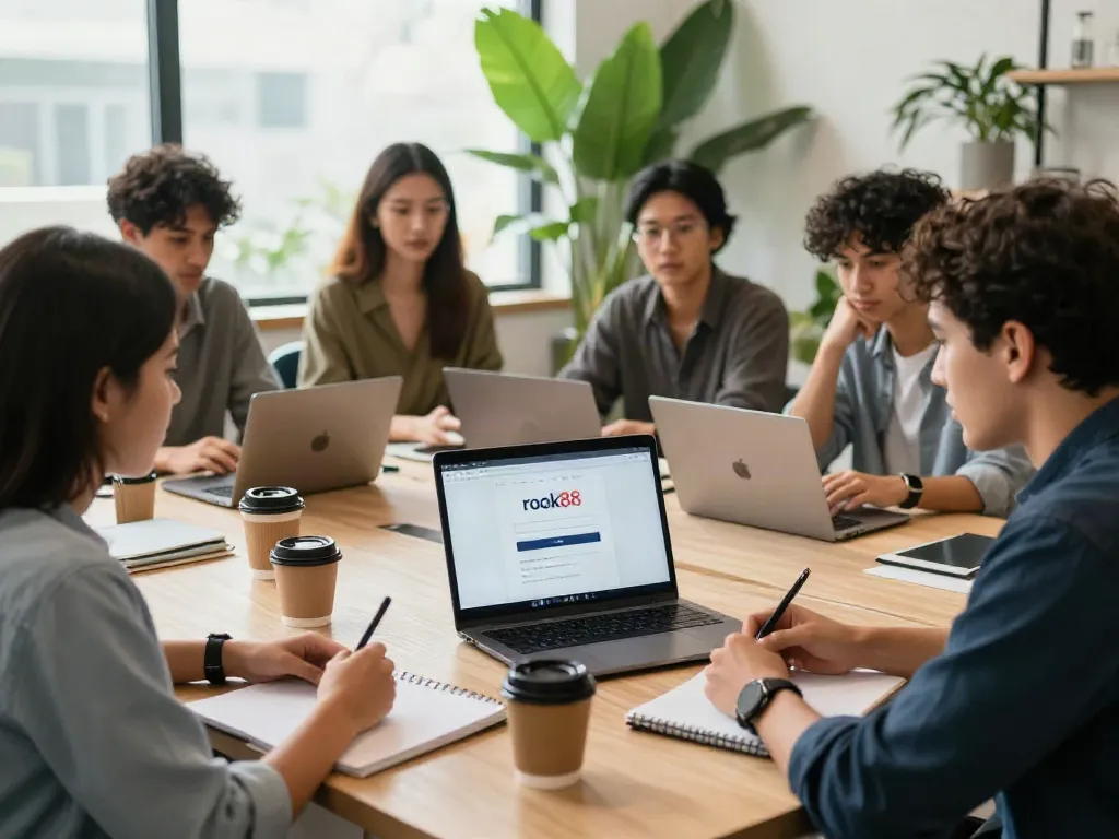 Group of professionals discussing rokok88 login features in a co-working space.