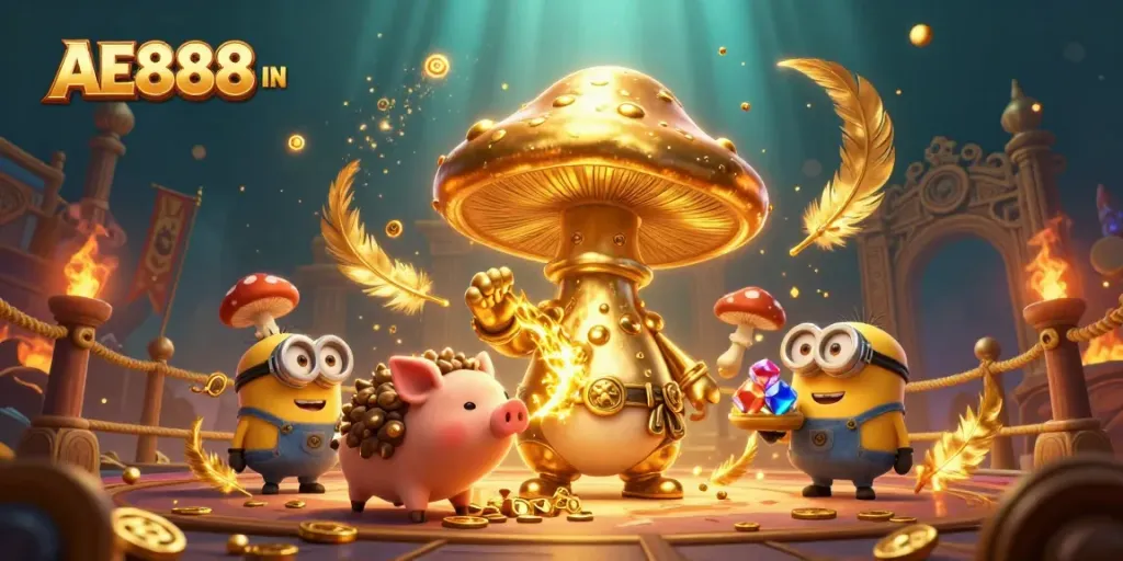 Experience gaming excitement with AE888 IN as a magical mushroom wizard transforms the scene into golden treasures.