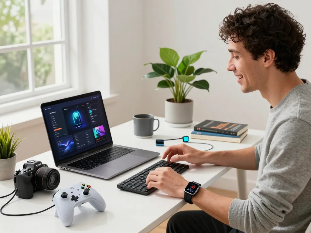 Showcasing innovative tech gadgets in a modern home office with Bluetooth devices, creating a vibrant workspace atmosphere.