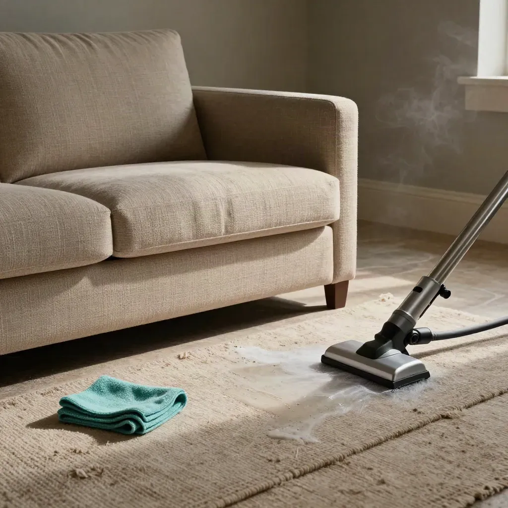 Sofa fabrik dan karpet yang baru dicuci sedut, dengan kesan kering lembut dan alat pembersih.