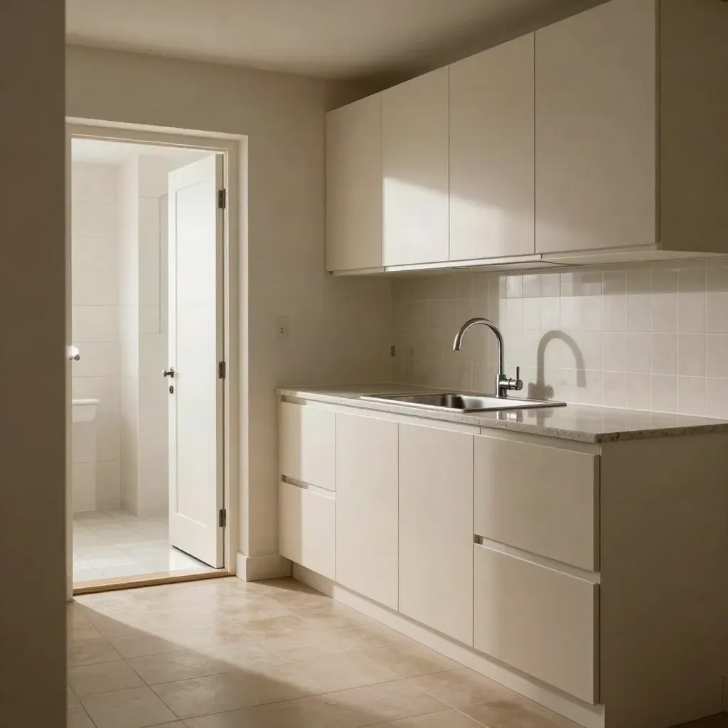 Dapur apartment kosong yang siap serah kunci, sinki berkilat dan pintu bilik air kering.