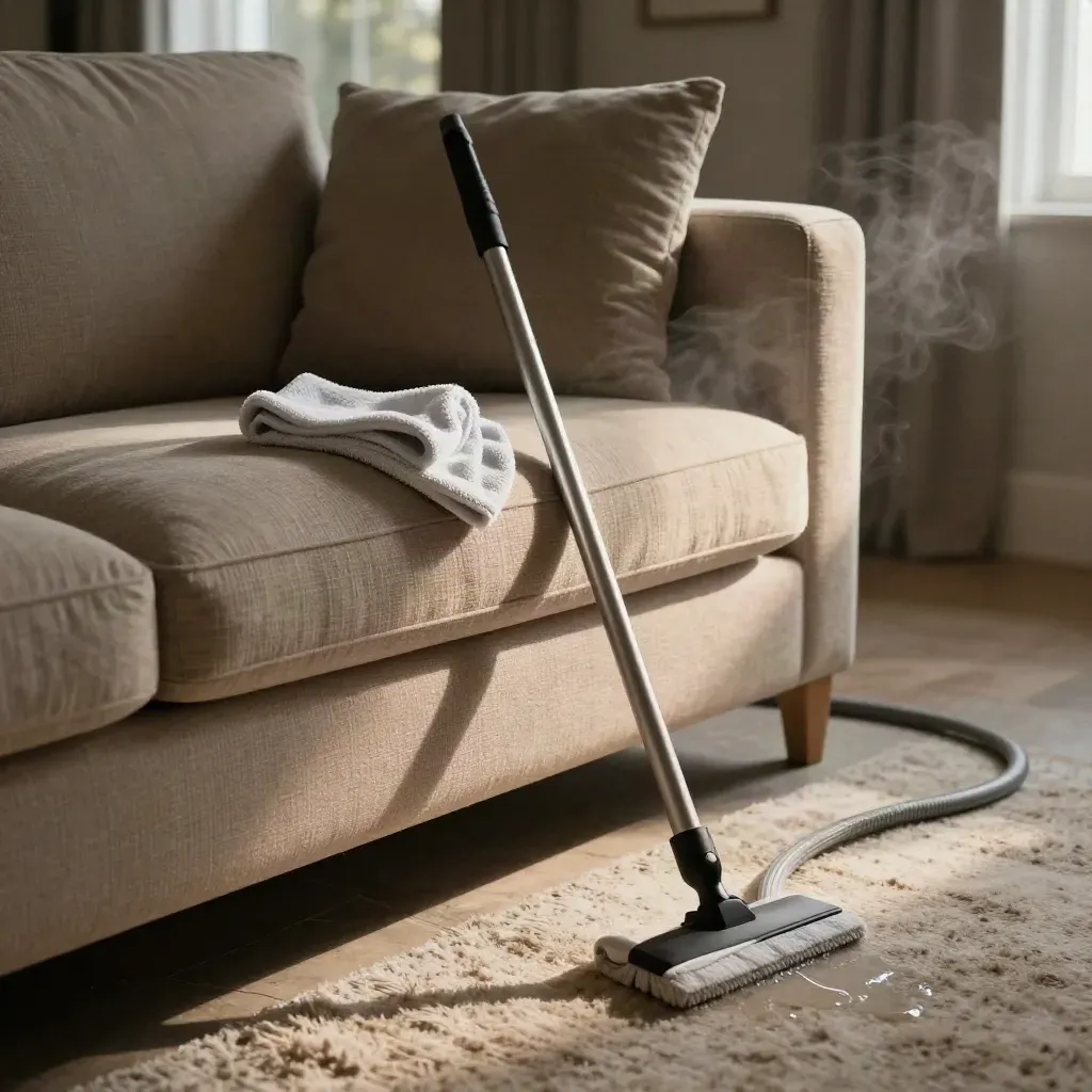 Sofa fabrik beige dan alat cucian di ruang tamu selepas pembersihan, wap lembut masih kelihatan.