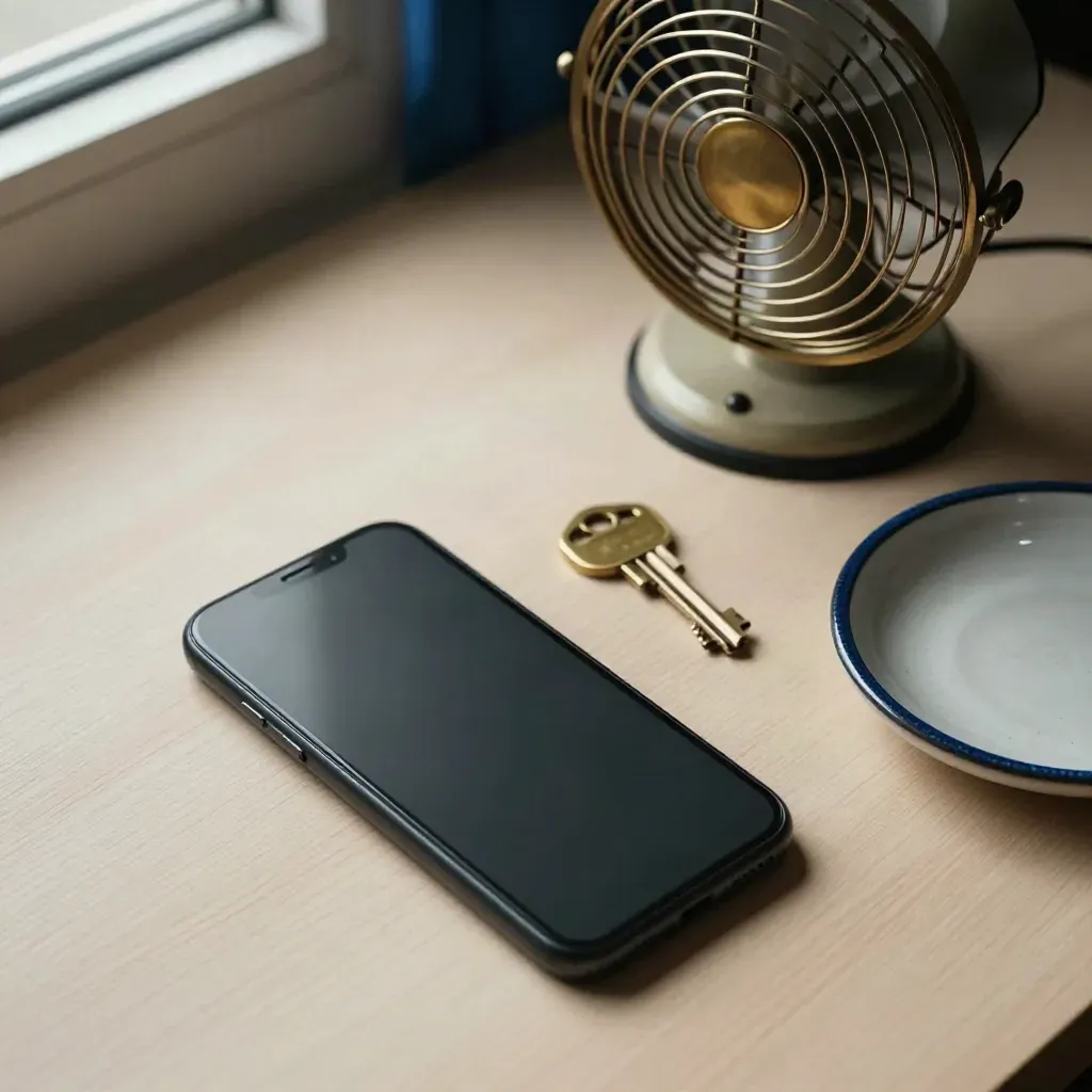 Kunci rumah, telefon dan mangkuk seramik di atas kayu pucat, sudut pandang atas.