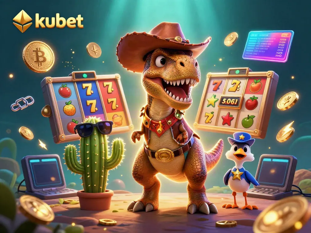 Engage with kubet's dynamic slots and crypto elements brought to life by a T-Rex cowboy.